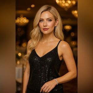 NEW Nira by Embex Black Sequin Camisole Silk Top Sz. XXS Disco Date Dance